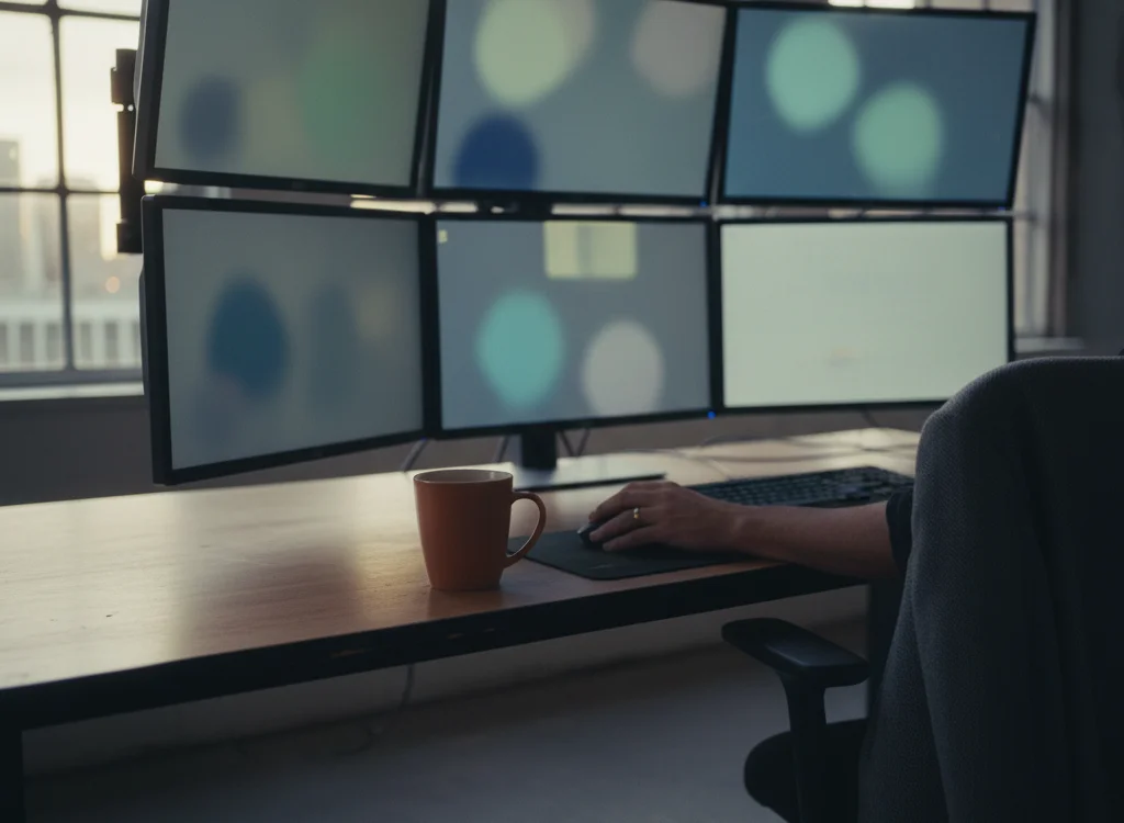 A desk with six curved computer monitors arranged in two rows, a brown mug, and a hand on the mouse at the keyboard.