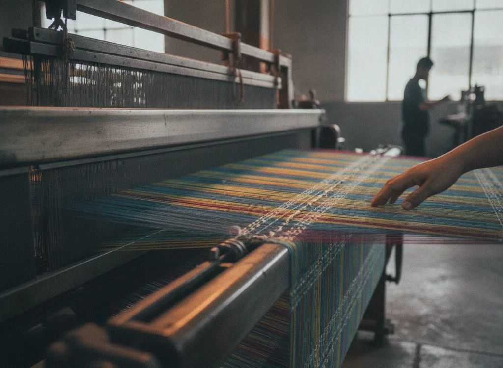 A person guides a hand across a colorful woven textile on a loom in a workshop.