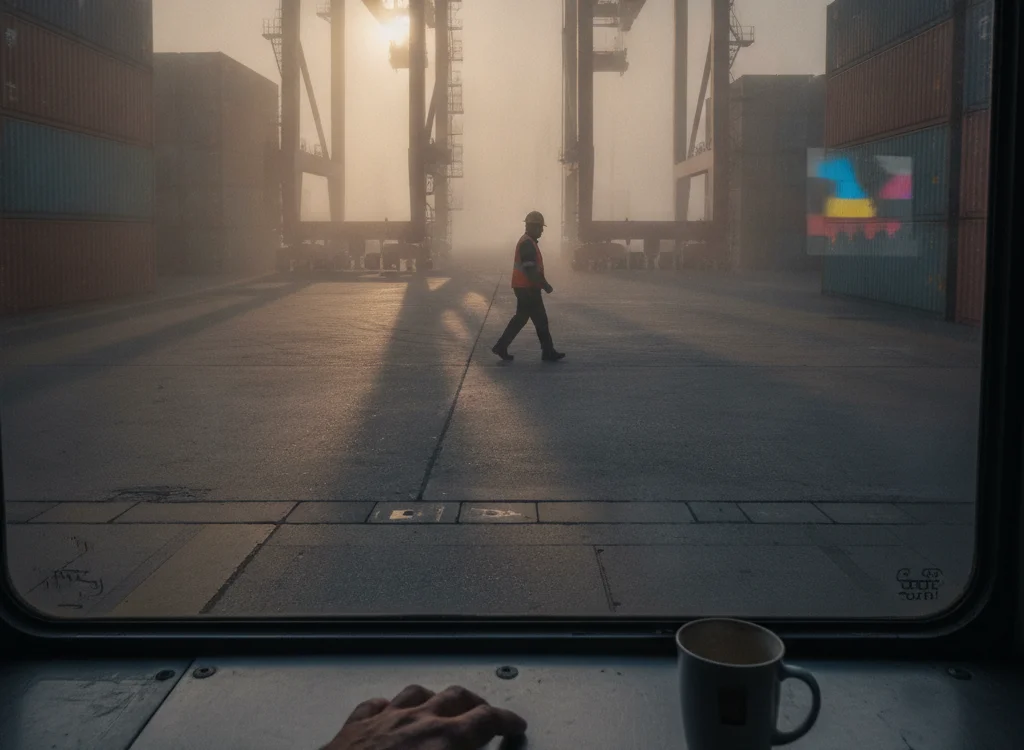 A worker in an orange safety vest and helmet walks across a foggy container yard, viewed from inside a vehicle with a mug on the table in the foregroundler.