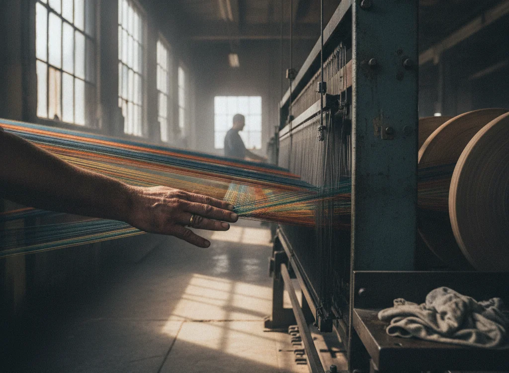 A worker’s hand reaching toward rainbow threads on a loom in a dim industrial weave room.