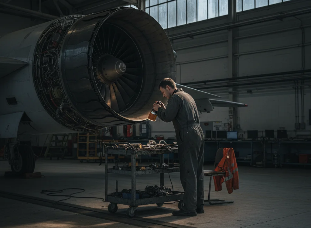 Aircraft maintenance technician in coveralls inspecting a jet engine mounted on a stand with a tool cart nearby.