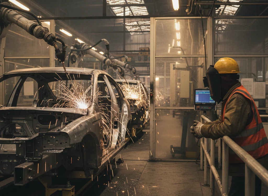Automotive assembly line with metal car bodies and welding sparks; a worker in a hard hat and high-visibility vest watches from the right.