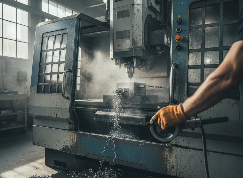 CNC milling machine in a dusty workshop with metal shavings on the floor and a worker turning a control wheel wearing an orange glove