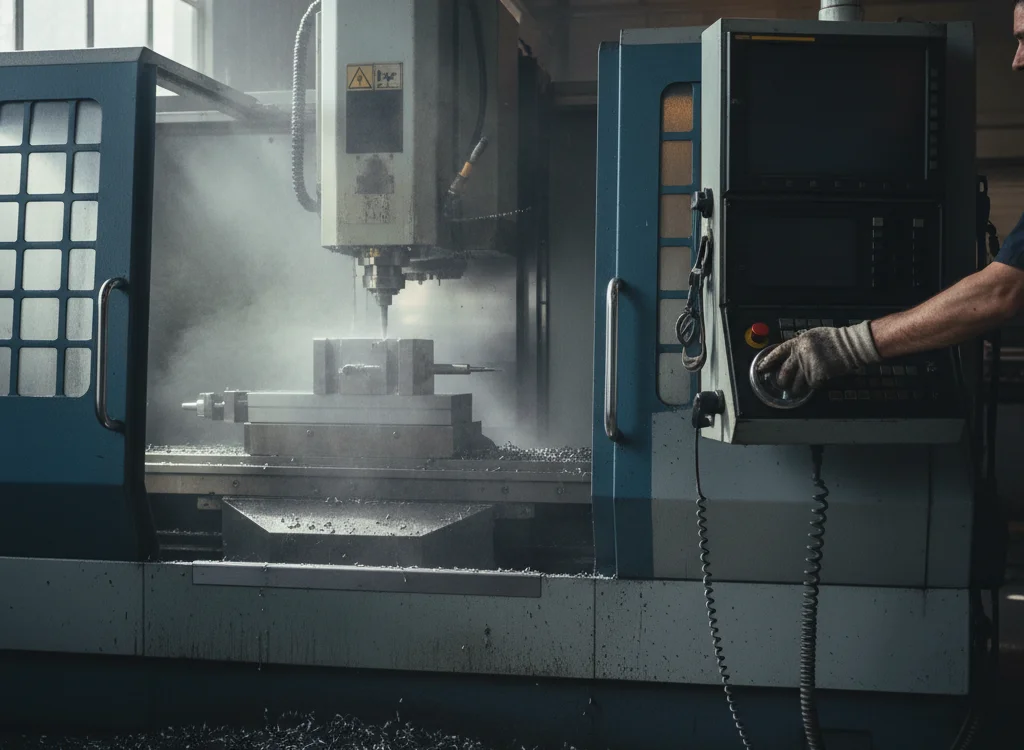 CNC milling machine in operation with a worker at the control panel; metal chips scattered on the floor.”