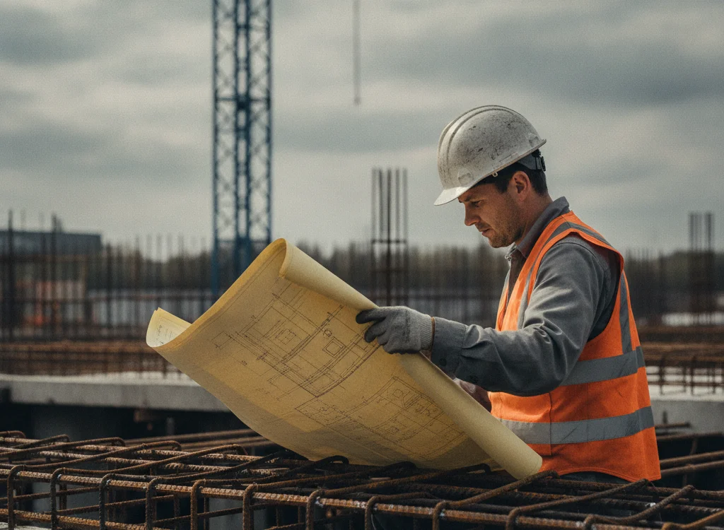 Construction worker in a hard hat and bright safety vest unrolling blueprint over rusted rebar at an active construction site with a crane in the background.