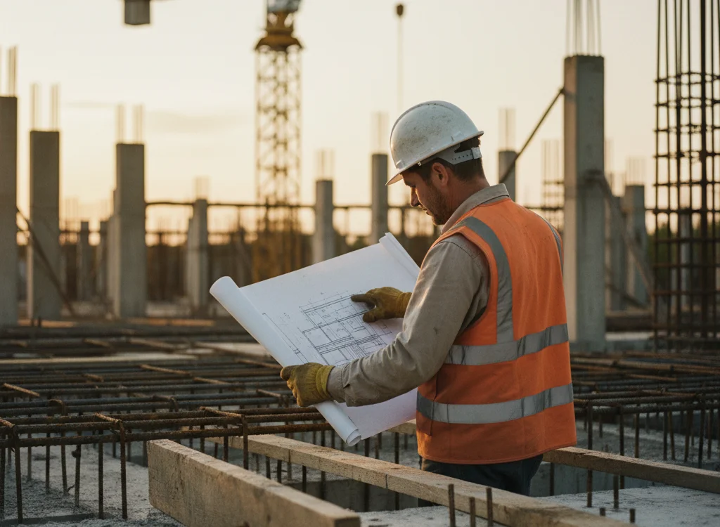 Construction worker in a hard hat and orange safety vest reviewing blueprints at a building site.