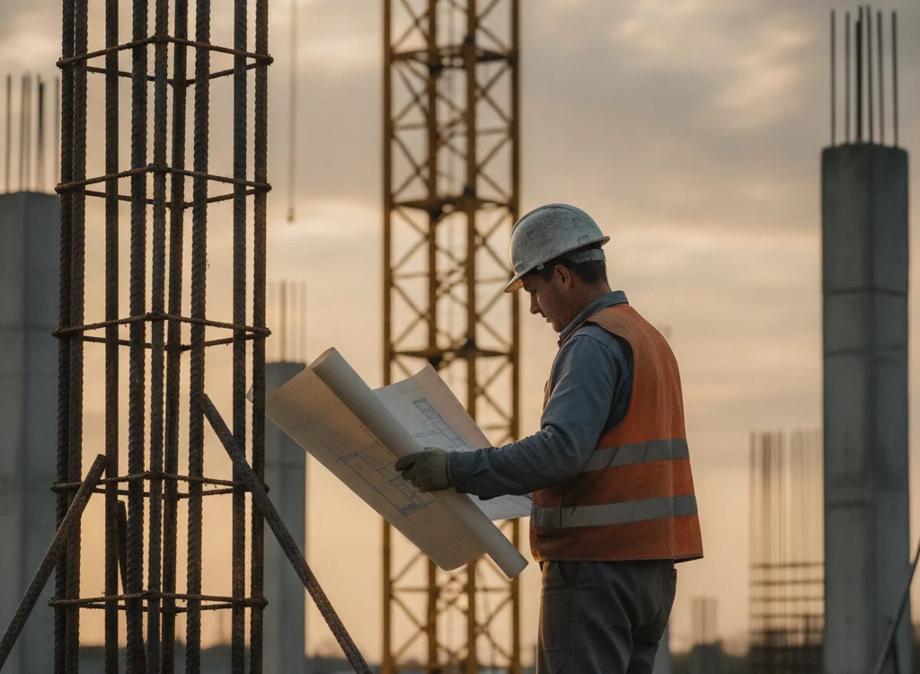 Construction worker in a hard hat and orange safety vest reviews blueprints at a building site during sunset.