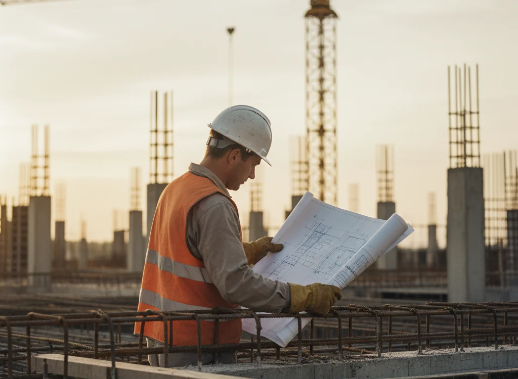 Construction worker in a hard hat and orange safety vest reviews blueprints at a building site with cranes in the background.