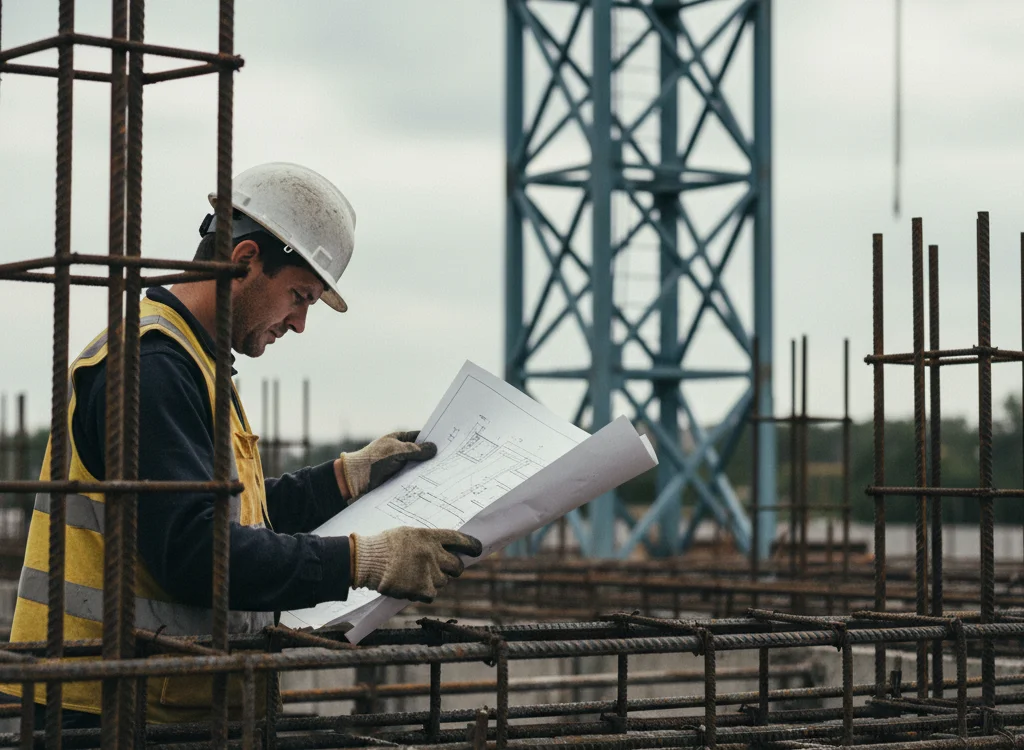Construction worker in a hard hat and safety vest examining blueprints at a reinforced concrete site with exposed rebar.