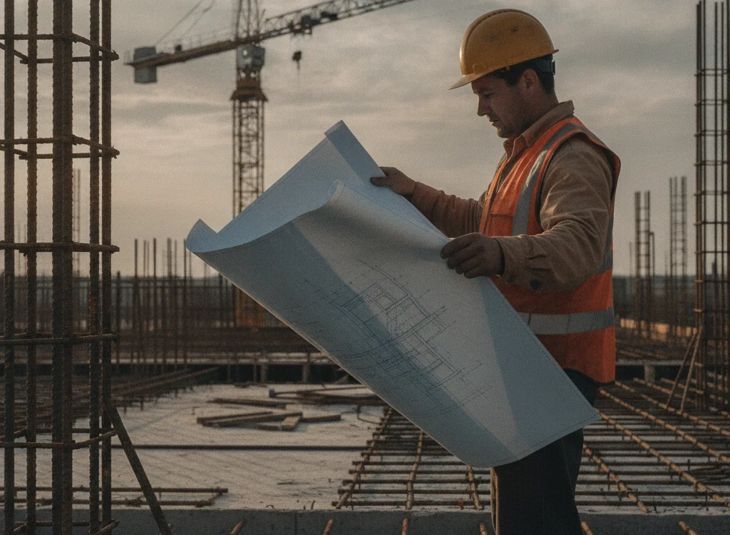Construction worker in a hard hat and safety vest reviews blueprints on a building site.