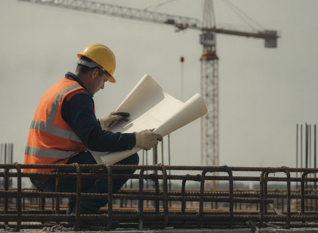 Construction worker in an orange safety vest and yellow helmet reviews rolled blueprints on a rebar-filled construction site with a crane in the background.