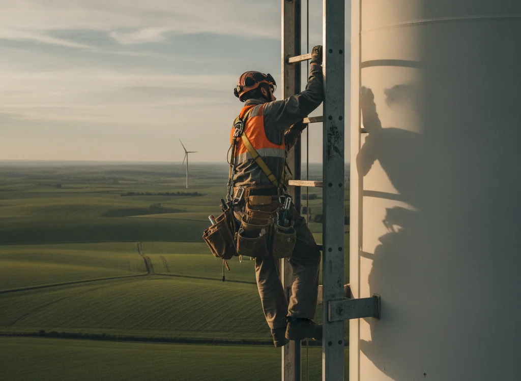 Construction worker in safety gear climbs a metal ladder on a wind turbine tower with fields in the background at sunset.