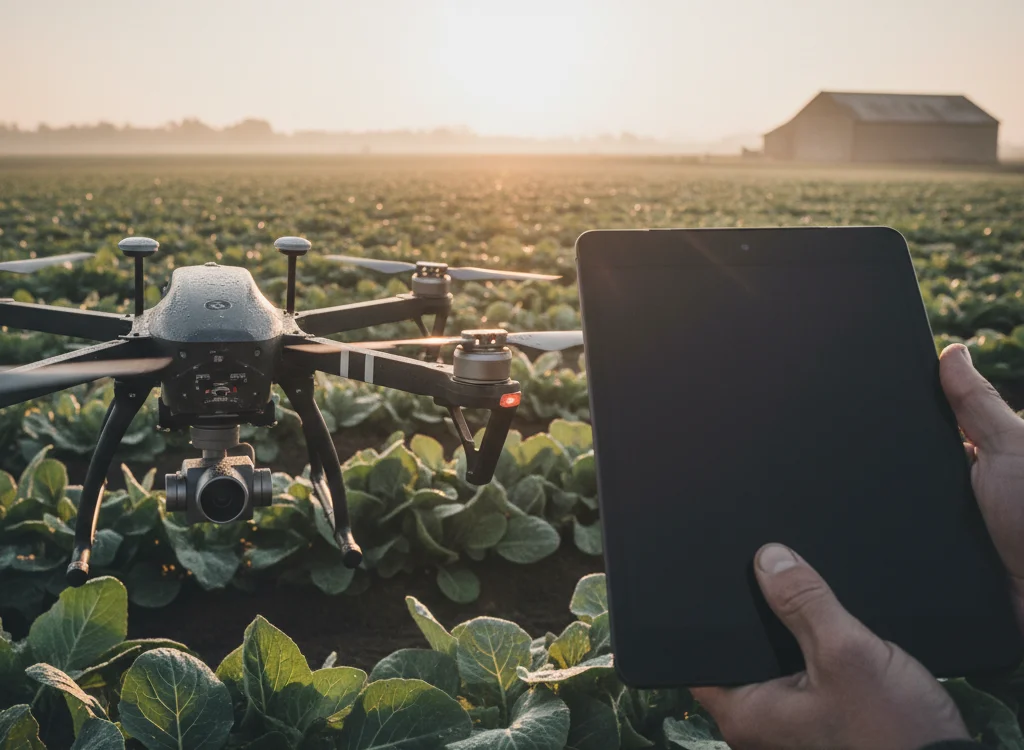 Drone hovering over a vegetable field while a person holds a tablet nearby at sunset, for farm surveying.