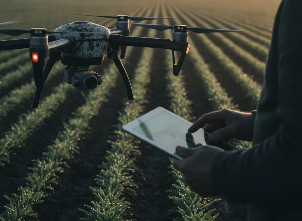 Drone hovering over orderly crop rows as a person monitors with a tablet at dawn in a field.