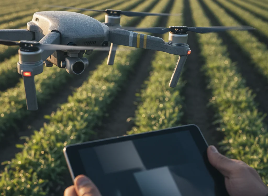 Drone with camera hovering above rows of crops, while a person holds a tablet controller in the foreground.
