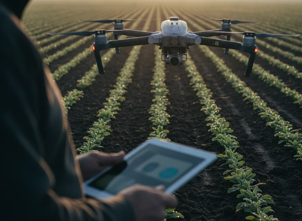 Farmer using a tablet to monitor a drone hovering over young crop rows at dawn on a farm field.