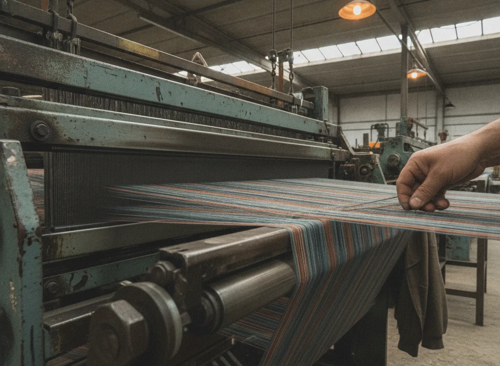 Hand guiding a multicolored striped fabric through a vintage loom in a textile workshop