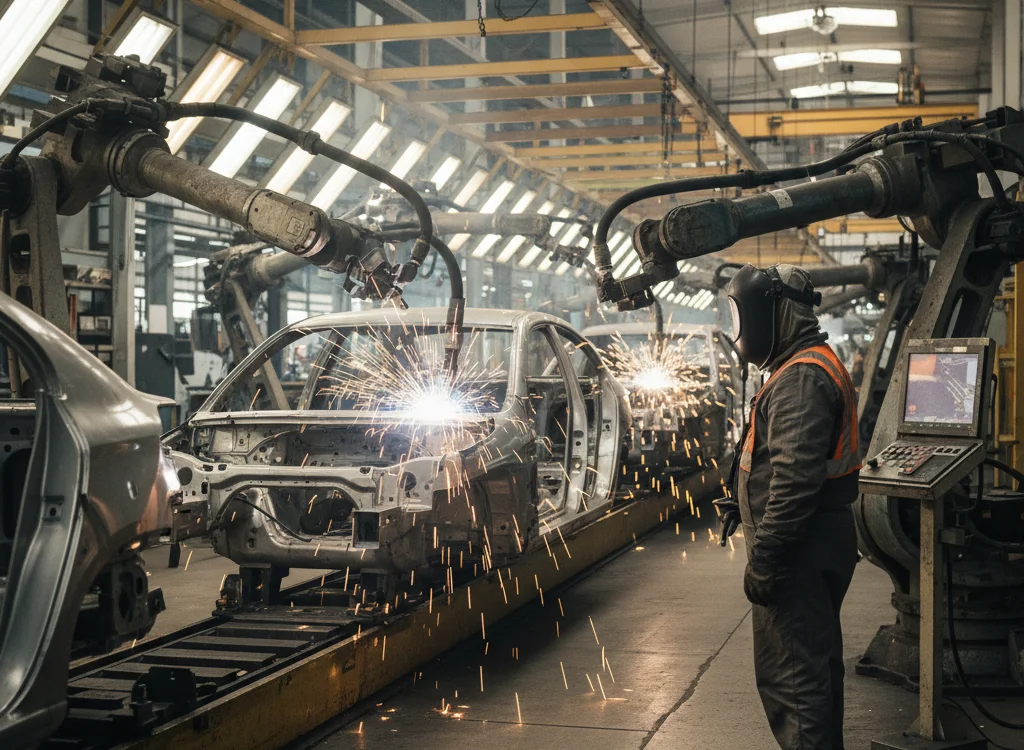Industrial car body being welded by robotic arms on an assembly line, with a worker in safety gear watching.",