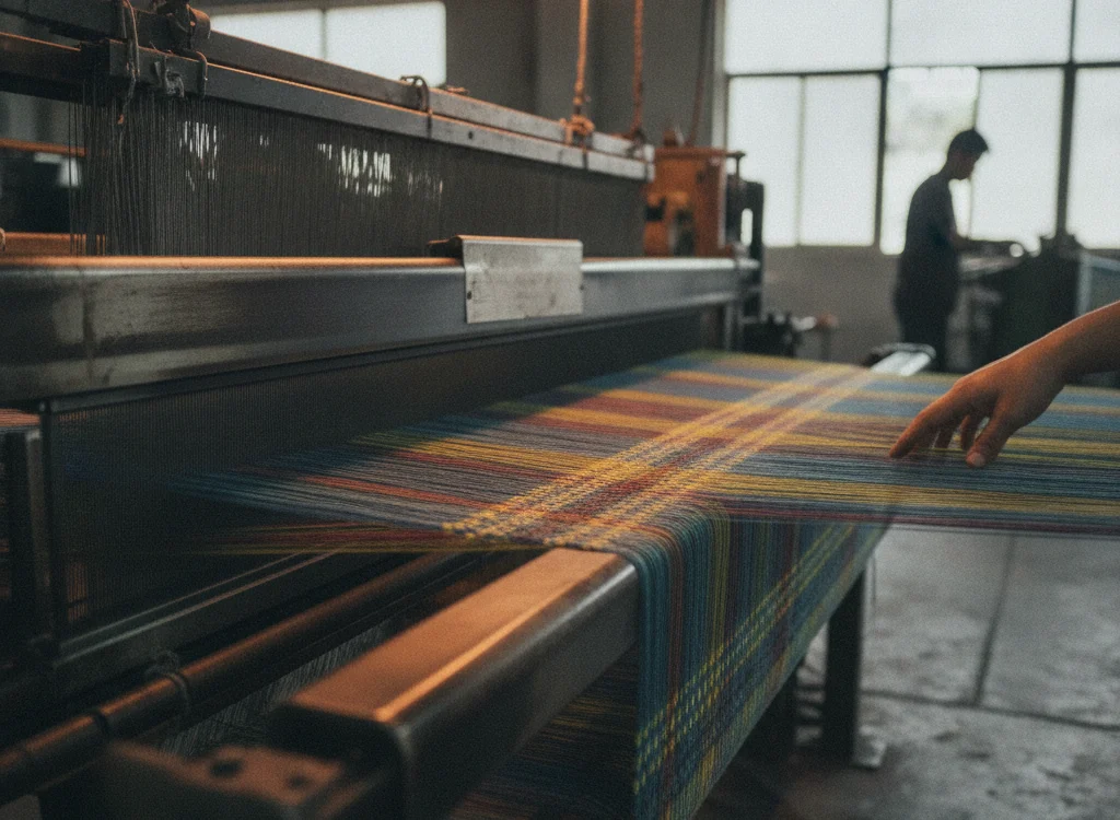 Industrial loom weaving colorful striped fabric in a workshop, with a hand guiding the textile and a worker in the background.