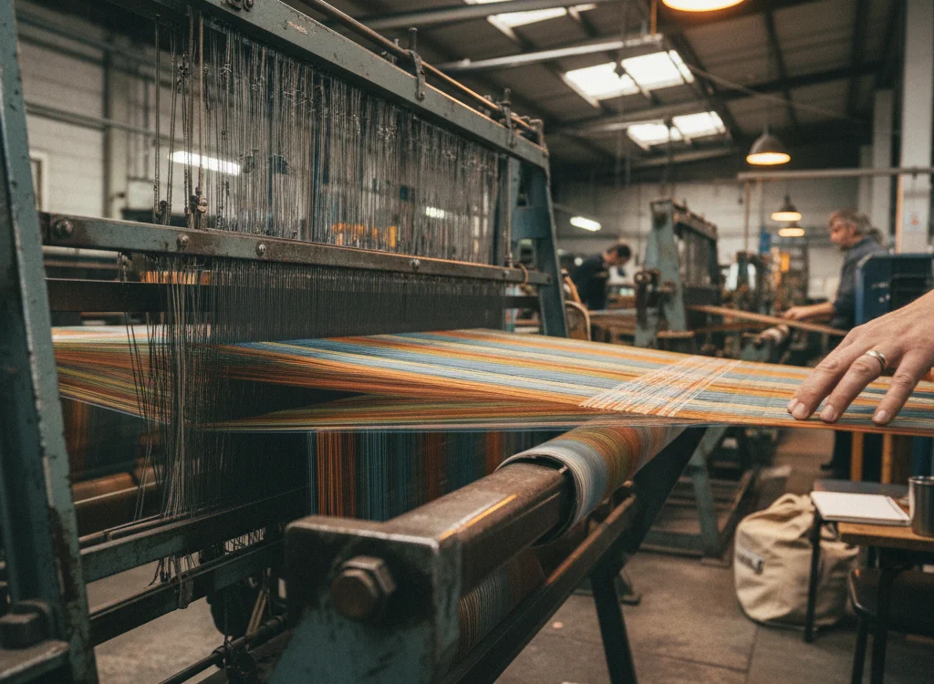 Industrial loom weaving colorful threads in a workshop, a hand guiding the fabric at the edge.