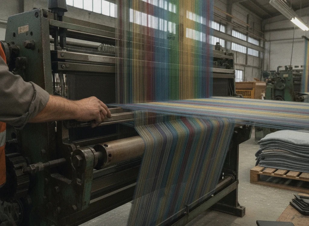 Industrial weaving loom in a factory, with rainbow-colored threads forming striped fabric as an worker guides the material onto the loom.