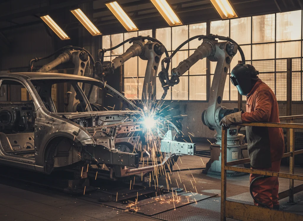 Industrial welding robot arm sparks as a worker in orange overalls watches near a car frame.