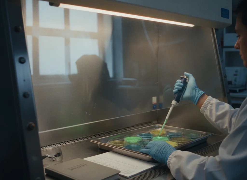 Lab scientist wearing gloves uses a micropipette to dispense liquid into a 96-well plate inside a biosafety cabinet.