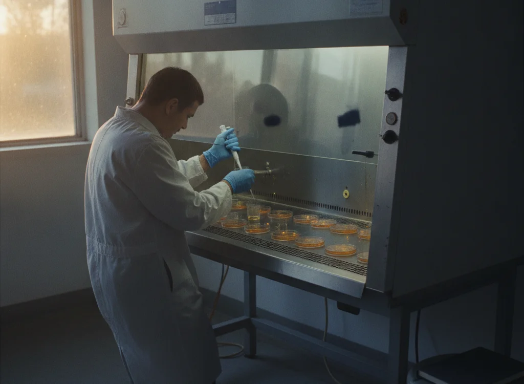 Lab technician in a white coat and blue gloves pipetting into Petri dishes inside a laminar flow hood.