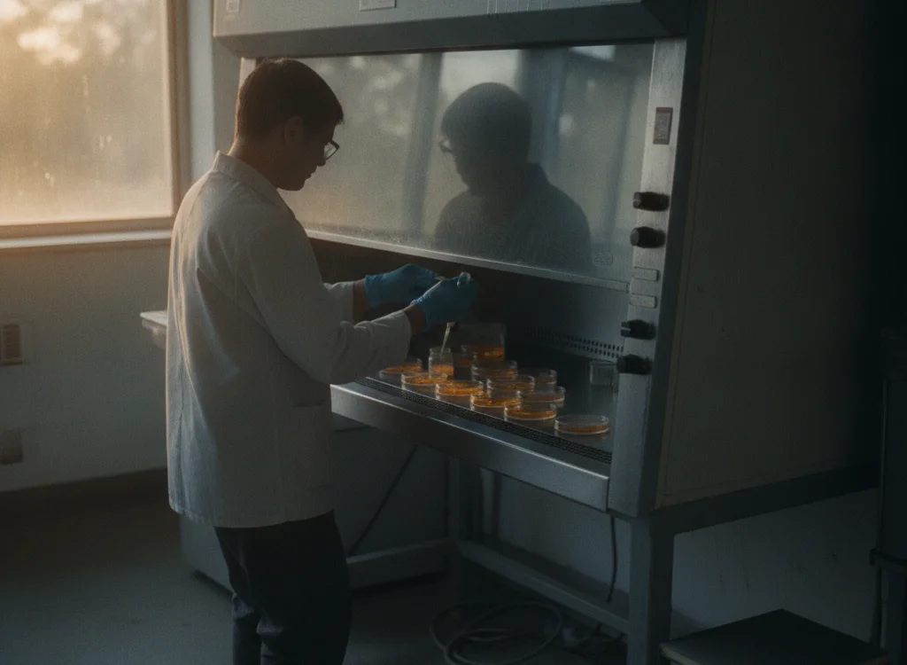 Lab technician in a white coat and blue gloves placing or removing petri dishes inside a biosafety cabinet, with warm light from a window nearby.