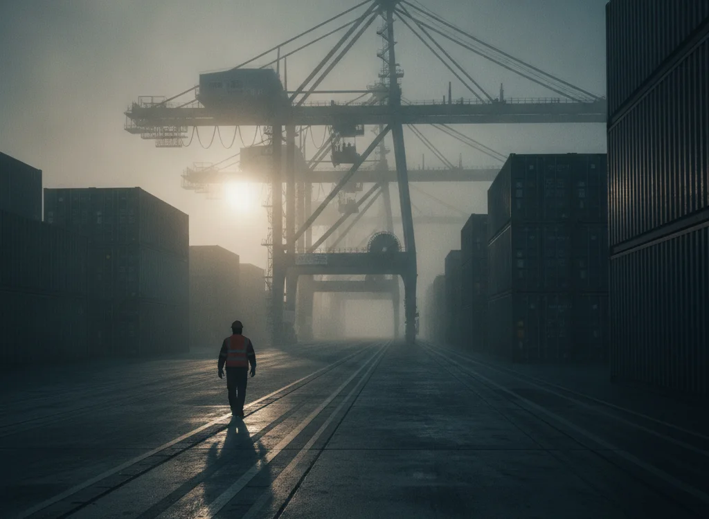 Lone worker in a hi-vis vest walking toward distant cranes in a foggy container yard at dawn, with sun glare and stacked shipping containers on both sides.