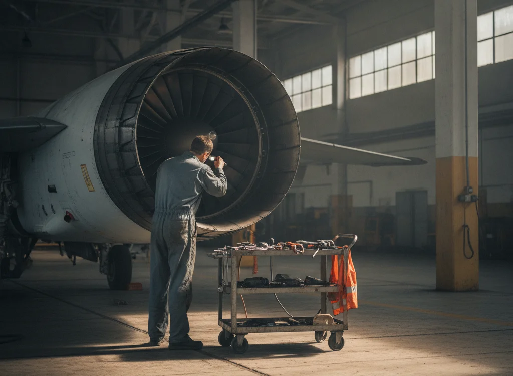 Maintenance technician in coveralls inspecting the open jet engine of a parked aircraft inside a hangar, with a wheeled tool cart nearby.