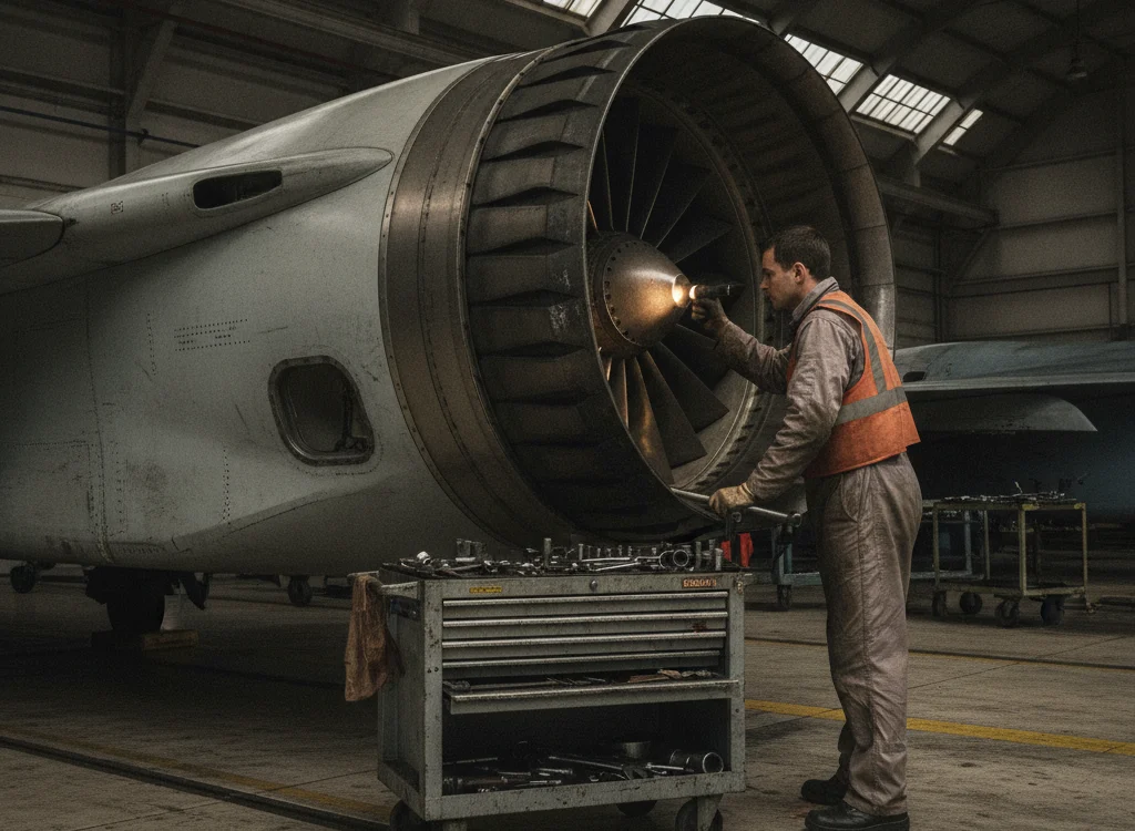 Maintenance worker in an orange safety vest inspecting a large aircraft engine inside a hangar, using a tool from a mobile cart at his side.