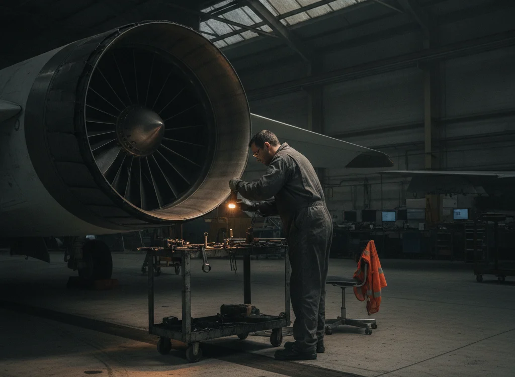 Mechanic in coveralls servicing a large jet engine on a mobile workbench inside a dim aircraft hangar, with tools nearby and a safety vest hanging nearby.