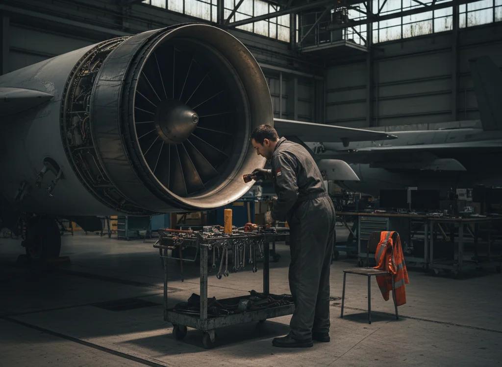 Mechanic in coveralls working on jet engine in an aircraft hangar with a tool cart nearby