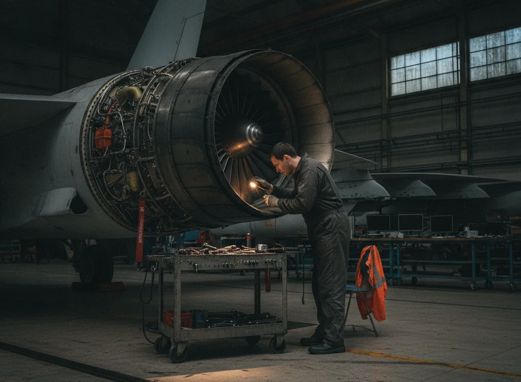 Mechanic in dark coveralls working at a large jet engine in a dim hangar, sparks flying as he tools the turbine area near a wheeled workbench.