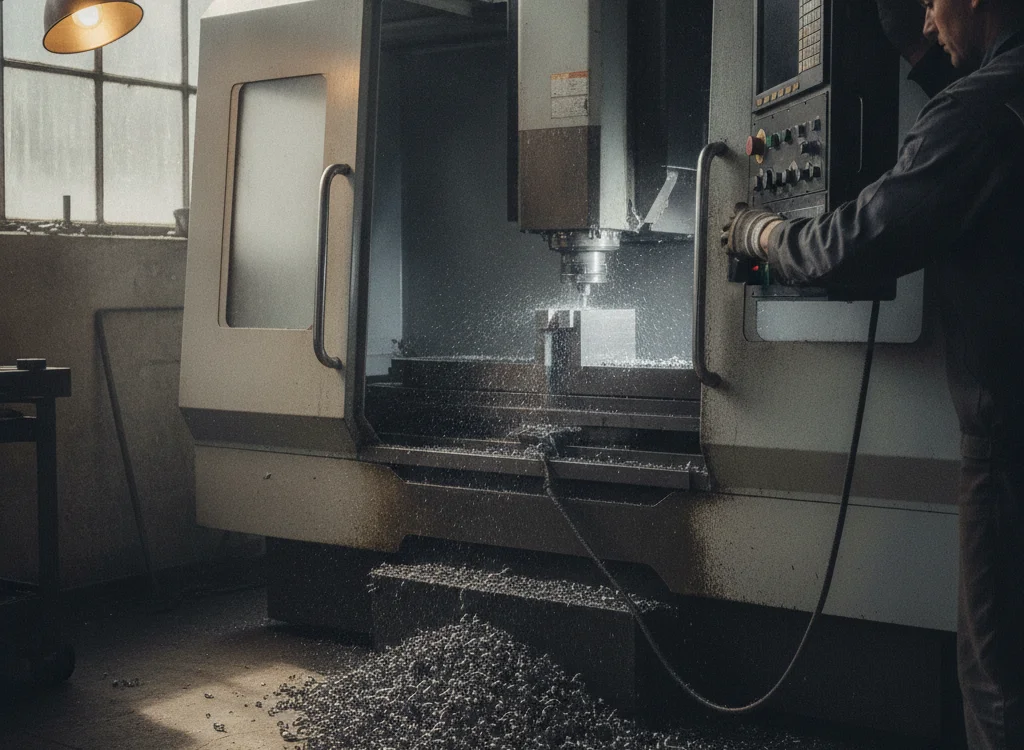 Operator monitors a CNC milling machine while metal shavings accumulate on the floor and machine bed in a dim workshop.