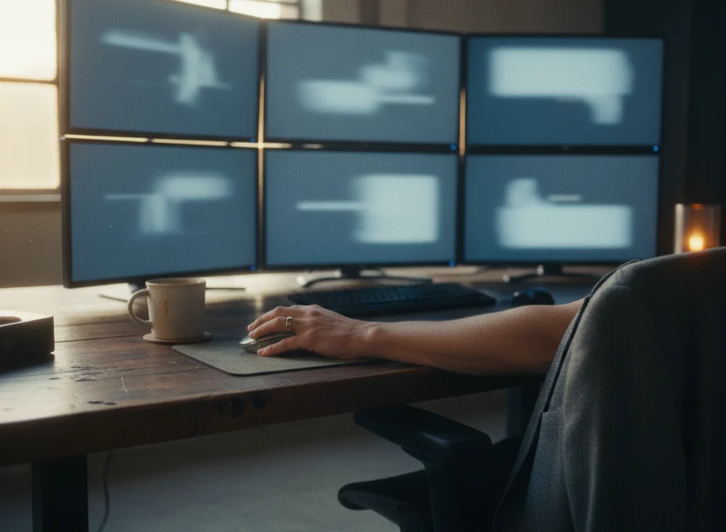 Person seated at a wooden desk with six computer monitors; hand on a mouse and a cup of coffee nearby.