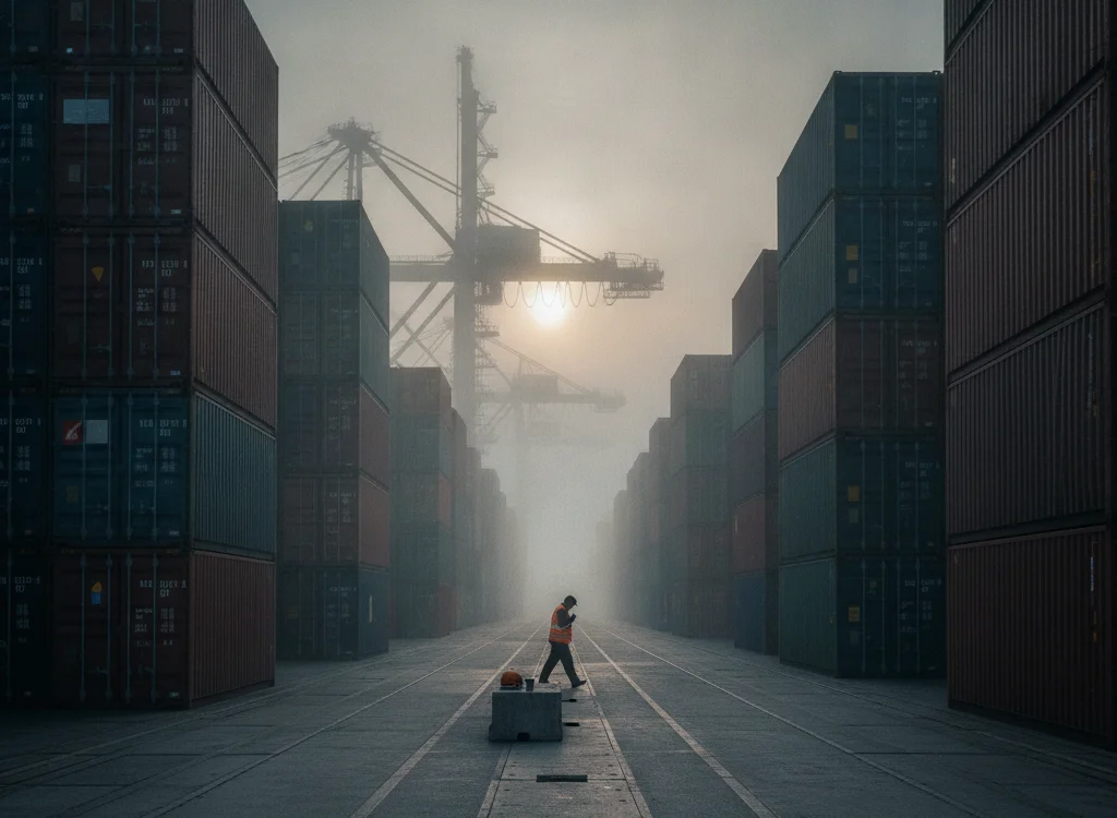 Port container yard at dawn; a worker in an orange safety vest stands on a central lane between tall shipping containers, with a large crane in the hazy background.
