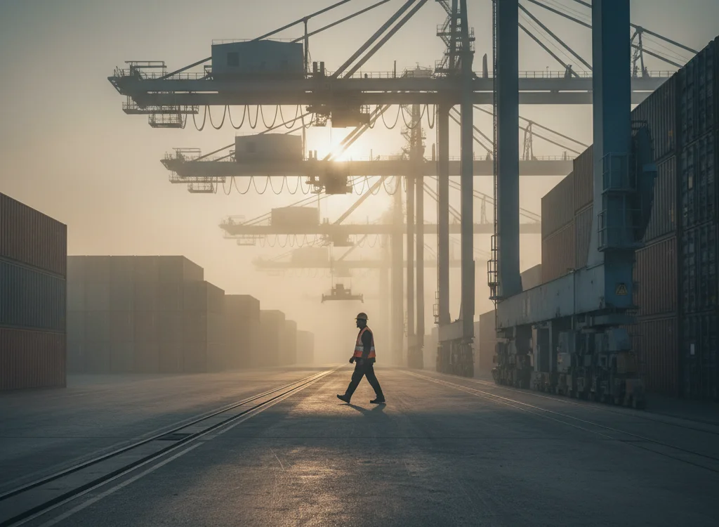 Port scene with large cranes and stacked shipping containers; a worker in a reflective vest walks along rail tracks at sunset