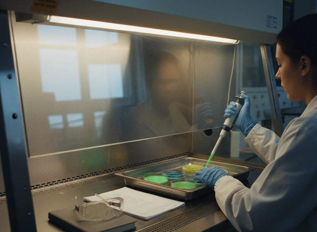 Scientist in a biosafety cabinet uses a pipette to transfer liquid into petri dishes the lab workspace shows color plates in trays.
