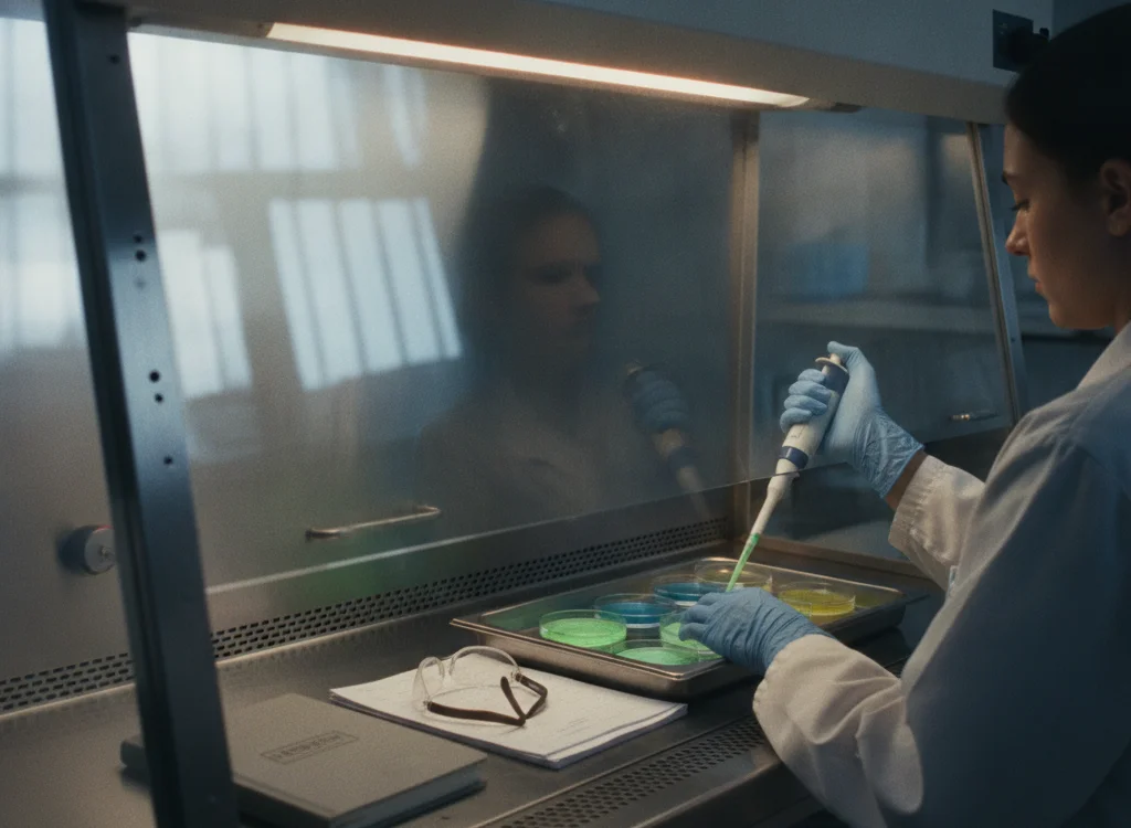 Scientist in a lab coat uses a pipette inside a biosafety cabinet, working with colorful petri dishes.