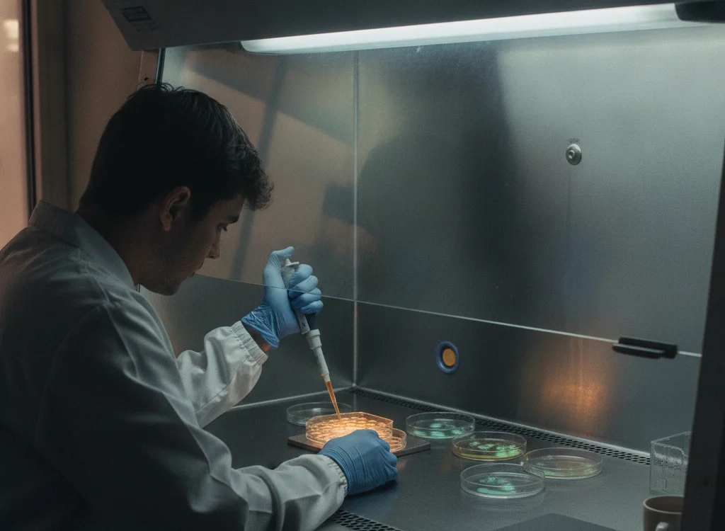 Scientist in a white coat and blue gloves pipetting liquid into a Petri dish inside a sterile biosafety cabinet.