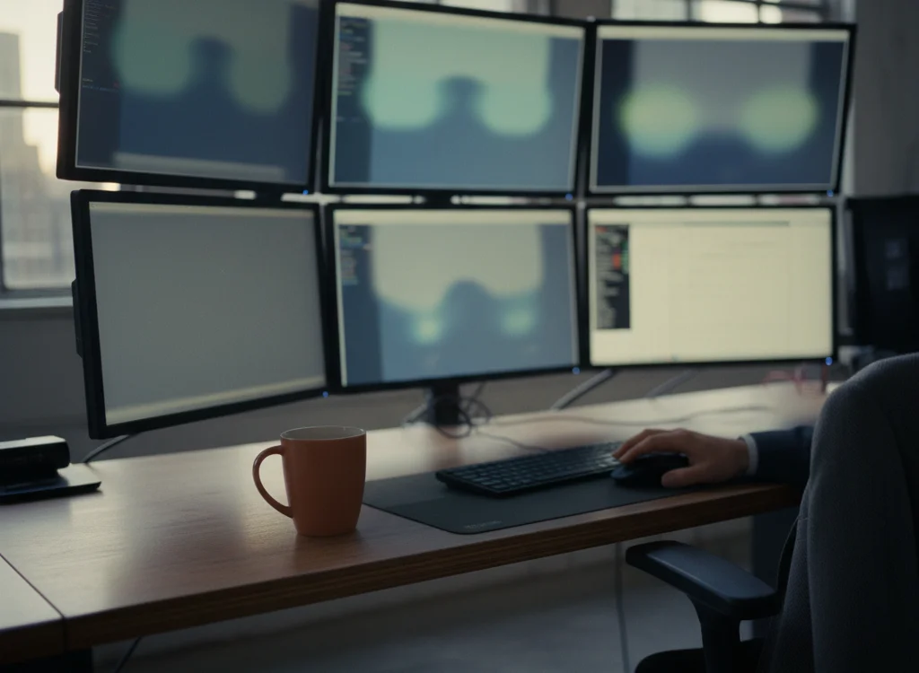 Six computer monitors arranged in a workstation, with code windows on some screens, a mug on the desk, and a hand using the mouse nearby.