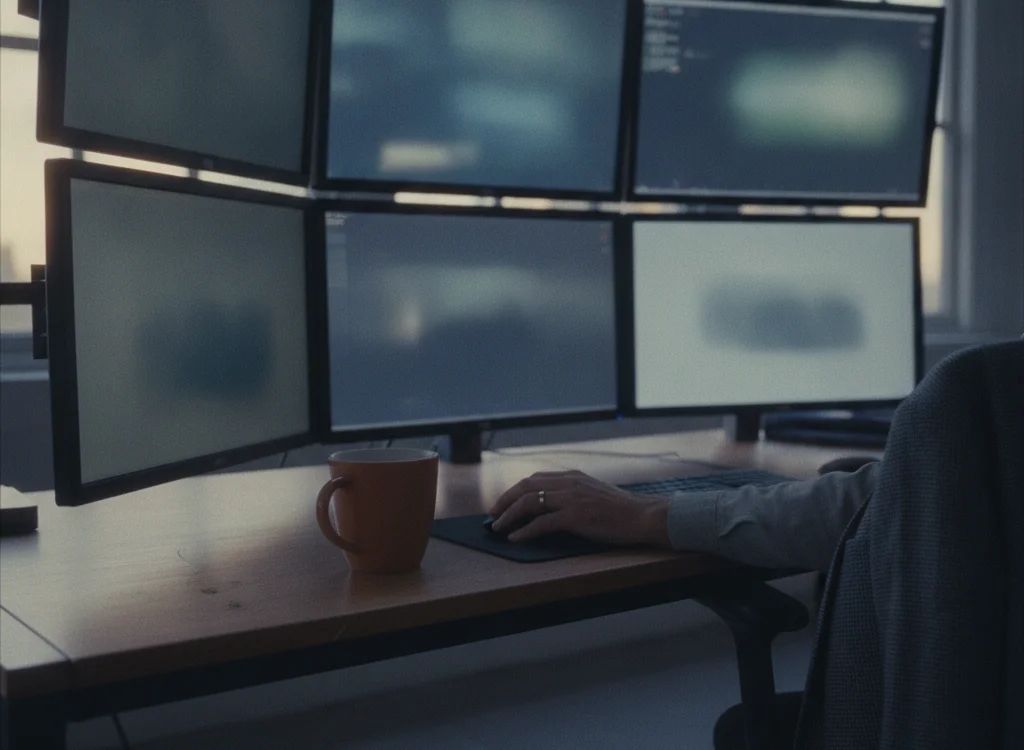 Six-monitor computer setup on a wooden desk with a person typing and a brown coffee mug nearby.