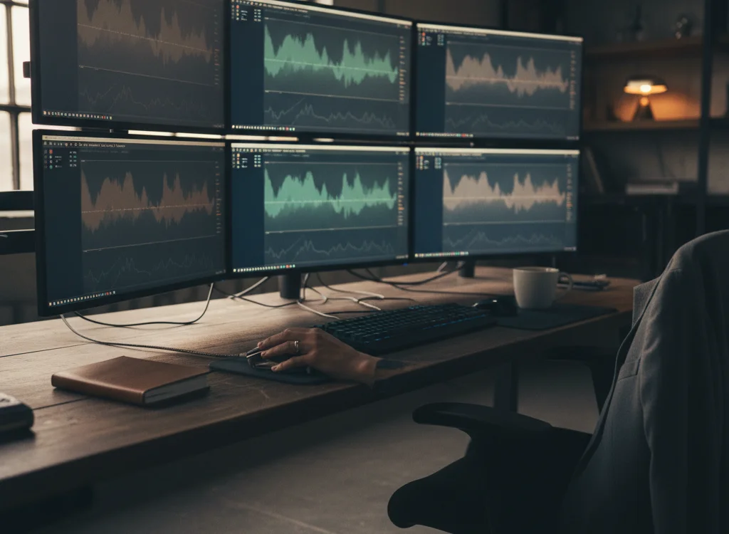 Six-monitor workstation displaying waveform charts and analytics; a hand on the mouse at a wooden desk.