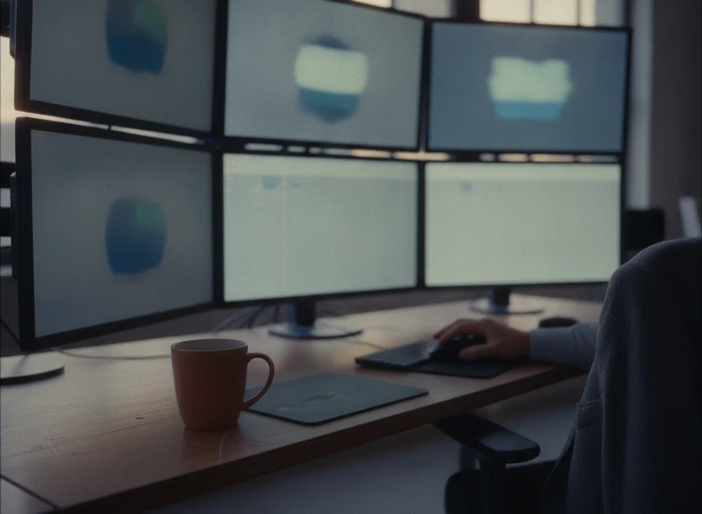 Six-monitor workstation on a wooden desk with a mug and a person typing at a keyboard.
