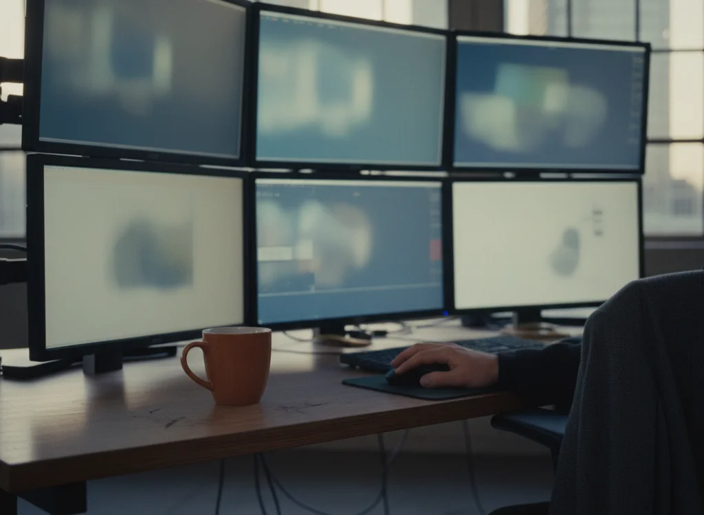 Six widescreen monitors arranged in two rows on a wooden desk, a person using a mouse, an orange mug nearby.