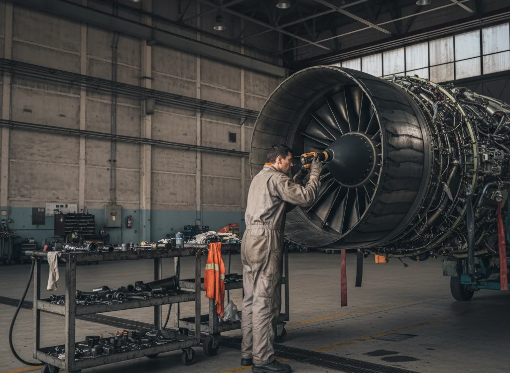 Technician in a gray coverall inspecting a large jet engine in a maintenance hangar beside a rolling tool cart.
