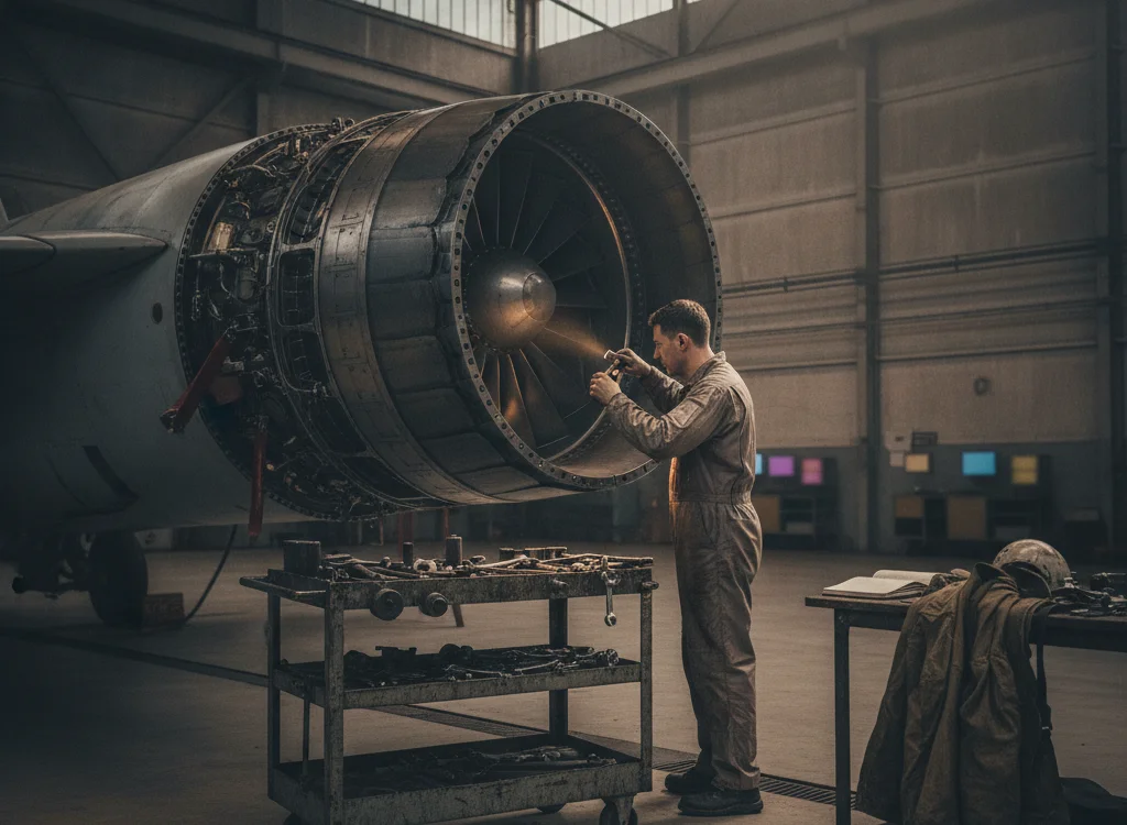 Technician in coveralls inspecting a jet engine in a maintenance hangar beside a wheeled toolbox