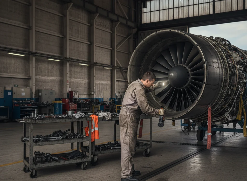 Technician in coveralls inspects a jet engine during maintenance in a hangar with a tool cart nearby.